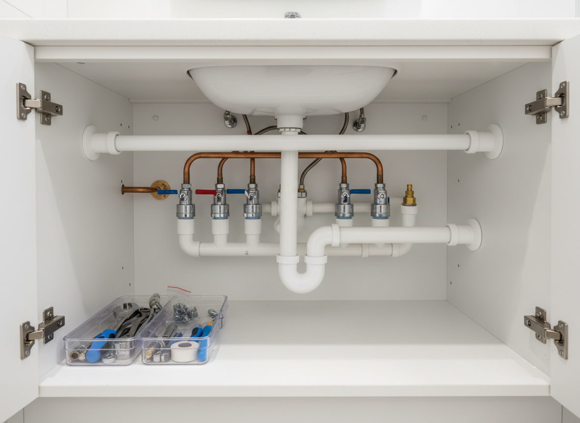 The open cabinet beneath a residential bathroom sink, revealing an orderly network of new PVC and copper pipes, perfectly aligned shut-off valves, and fresh fittings, all installed with precision. The interior of the cabinet is clean white laminate, with a compact, well-organized caddy of plumbing tools and spare parts tucked to one side, emphasizing readiness and care. A cool, diffused overhead light illuminates the scene, eliminating harsh shadows and highlighting the cleanliness and craftsmanship. Captured from a slightly low, forward-facing angle in photographic realism, the composition feels bold, professional, and reassuring, showcasing unseen quality work that protects the home.