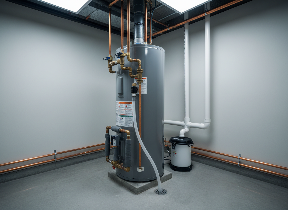 A bustling utility room in photographic realism, centered on a brand-new, high-efficiency water heater with neatly labeled pipes, insulating sleeves, and a tidy condensate drain line. Around it, a clean concrete floor, clearly routed copper lines, and a compact sump pump system with orderly discharge piping convey technical expertise. Cool white ceiling lights cast bright, even illumination, creating crisp reflections on the metal tank and clear shadows under the pipe runs. Shot from a three-quarter angle with deep focus, the composition emphasizes structure, reliability, and bold modern plumbing solutions that keep a property running smoothly and safely.